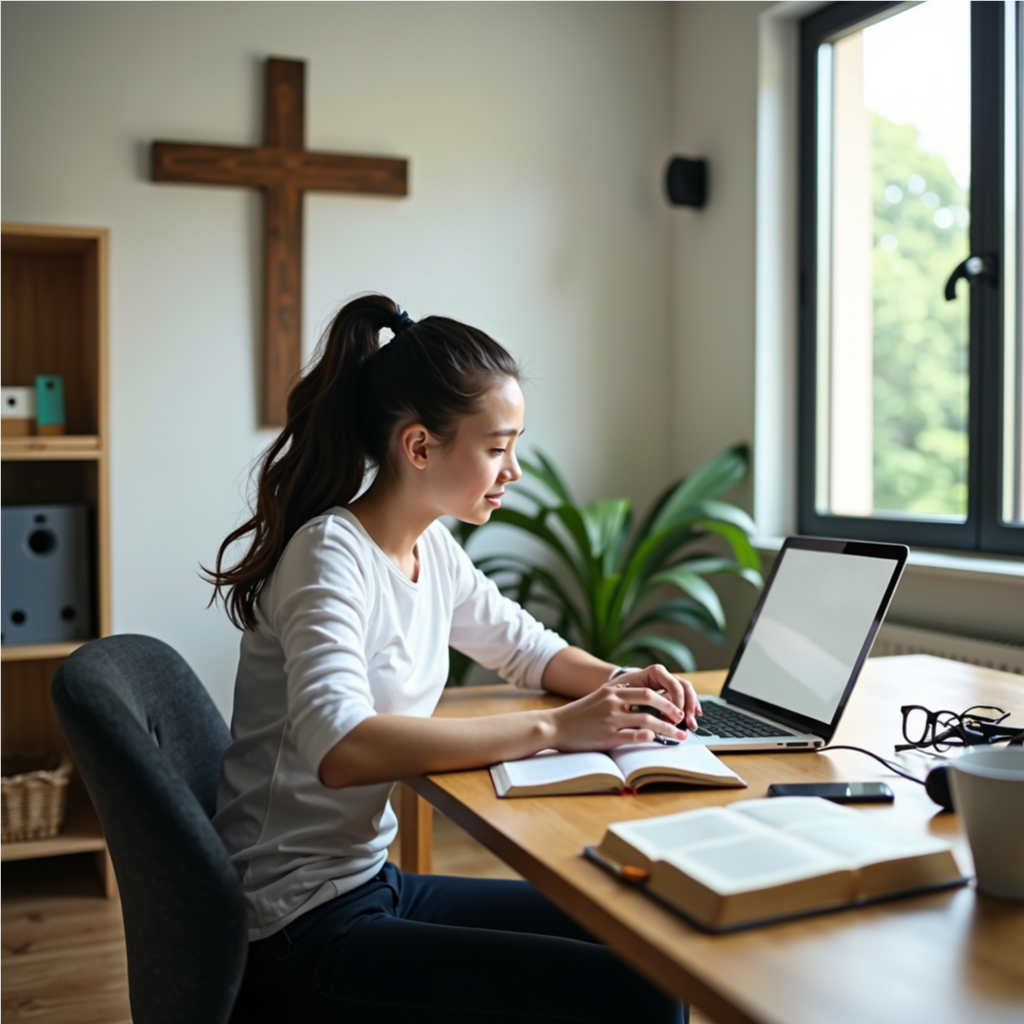 A Christian student engaged in online learning at Kingdom University, with a Bible and laptop on the desk.