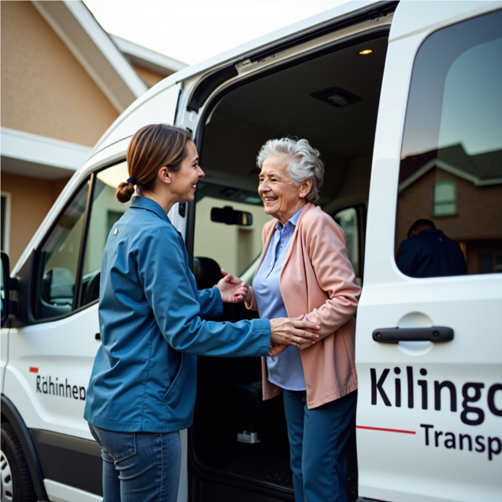 A Kingdom Transportation volunteer assisting an elderly woman into a community van for a church or medical trip.